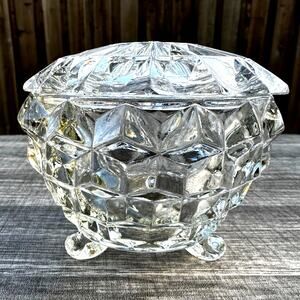 Romantic Jeannette Cubist 3 Footed Jewelry Trinket Dish w/Lid-Excellent